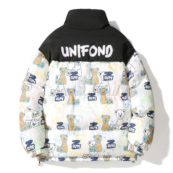 Unisex Quilted Teddy-Print Puffer Jacket with High Collar