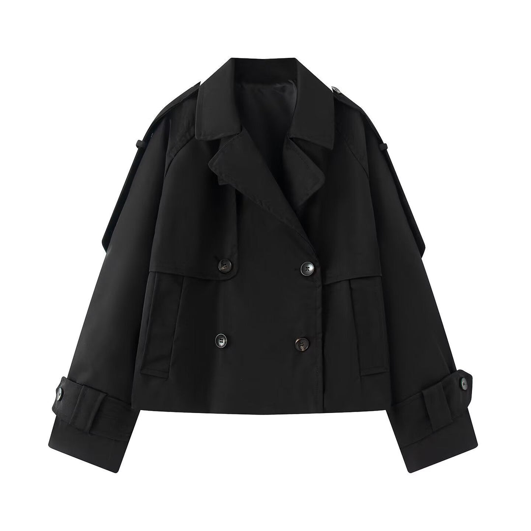 Women Short Cut Cropped Trench Coat with Double-Breasted Button Closure and Epaulets