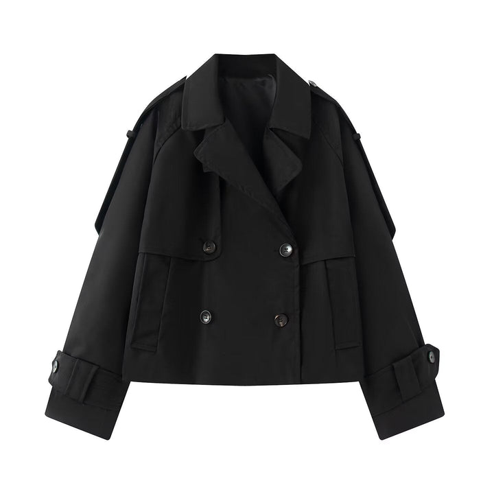 Women Short Cut Cropped Trench Coat with Double-Breasted Button Closure and Epaulets