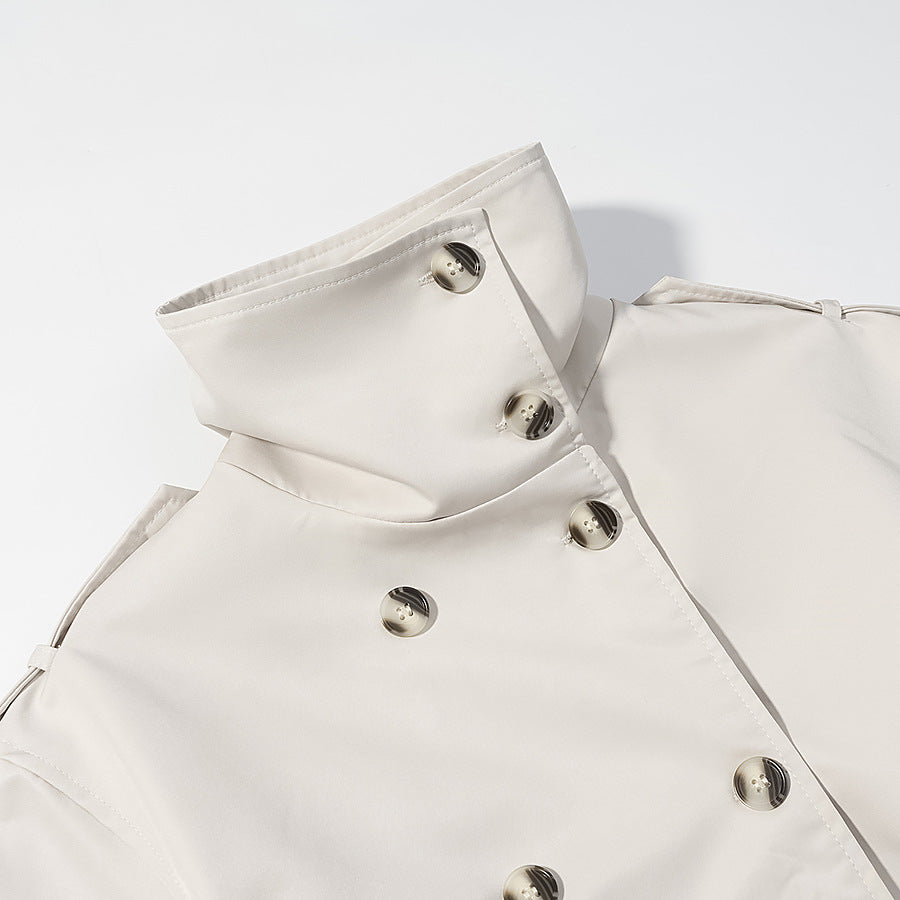 Women Longer double-breasted trench coat with high stand-up collar and waist belt