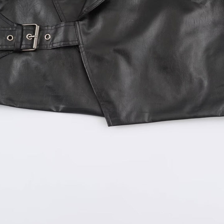 Women Short Oversized Faux Leather Jacket with Wide Shawl Collar and Belt