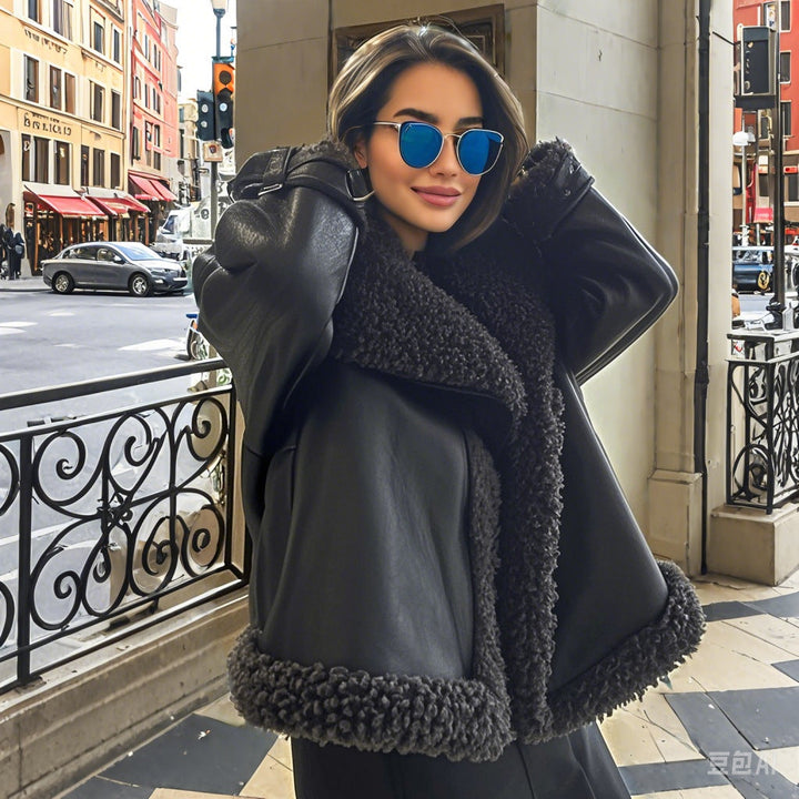 Women’s short-cut aviator leather jacket with teddy lining, large collar, and oversized silhouette