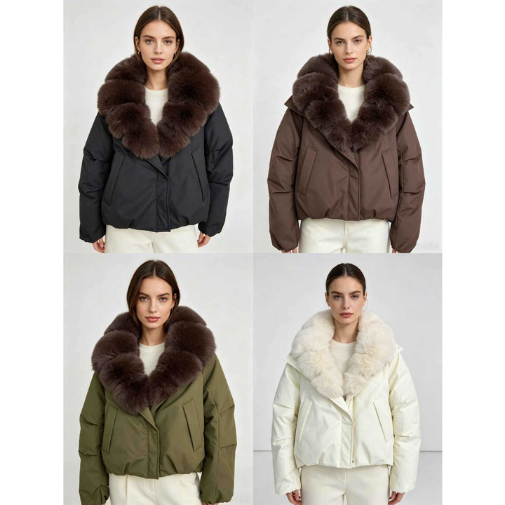 Ladies nan short thermal quilted jacket with voluminous removable faux fur collar and tailored hem