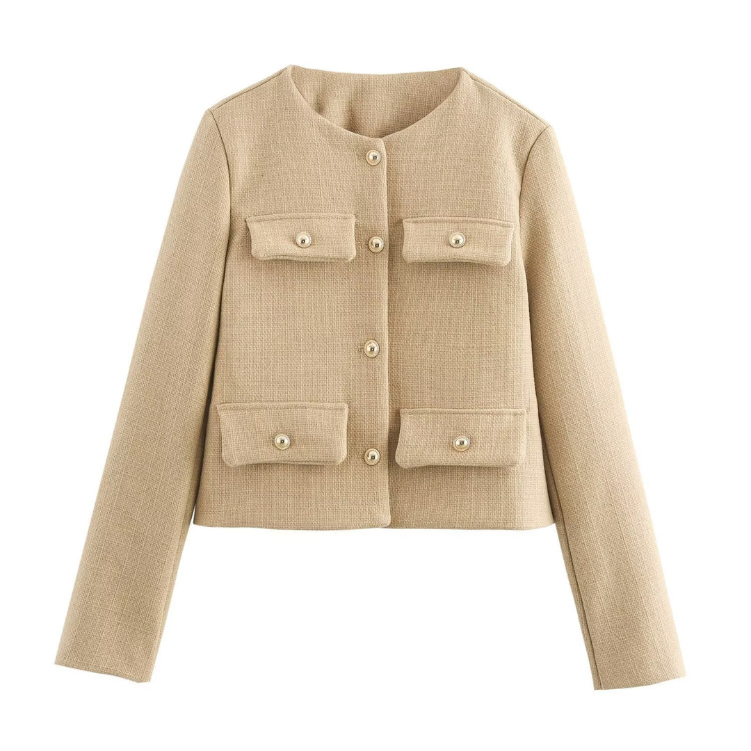 Women Short Boucle Blazer Jacket with Round Neck, Decorative Pocket Flaps, and Gold-colored Buttons