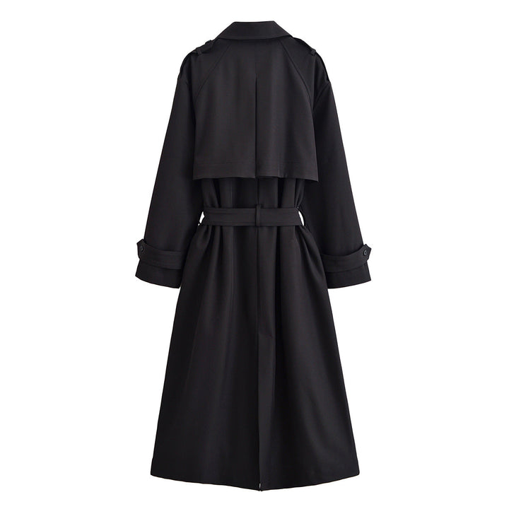 Ladies longer waist-adjustable trench coat with tie belt and epaulettes