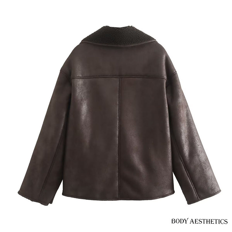 Women Short Jacket in Lambskin Look with Teddy Lining and Button Placket