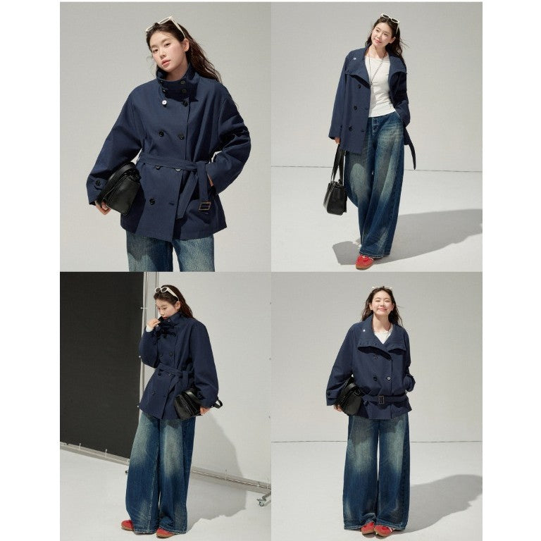 Ladies short trench coat with a flattering belt and double-breasted button placket