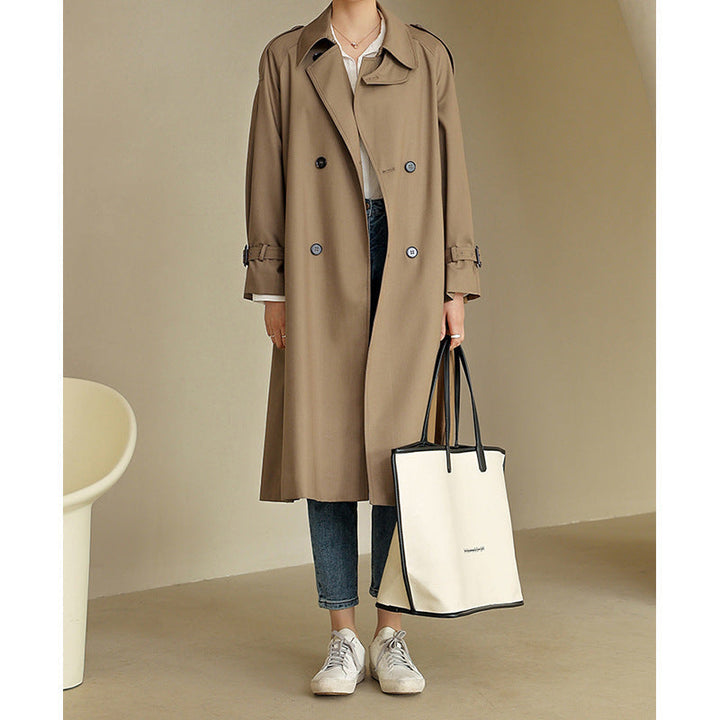 Women Lightweight Knee-Length Double-Breasted Trench Coat Made of Cotton Blend with Epaulettes and Buckle Cuffs