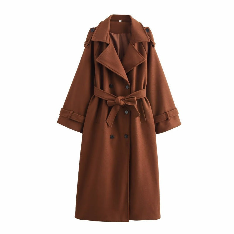 Women’s long double-breasted wool blend trench coat with belt and wide lapels