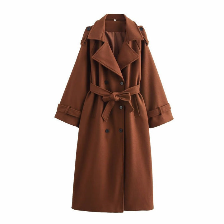 Women’s long double-breasted wool blend trench coat with belt and wide lapels