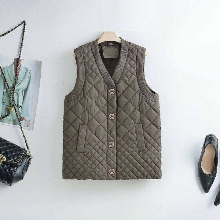 Ladies nano quilted vest with decorative buttons and V-neck
