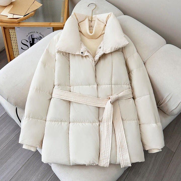 Women nan tailored padded jacket with wide stand-up collar, quilted tie belt and ribbed cuffs