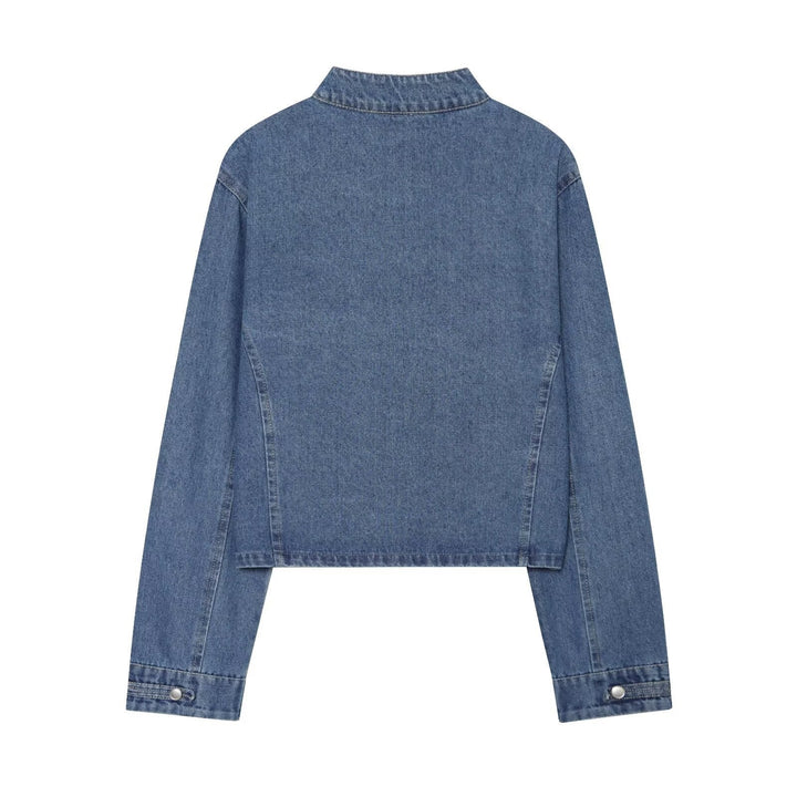 Ladies short cut denim jacket in military style with stand-up collar and decorative button rows