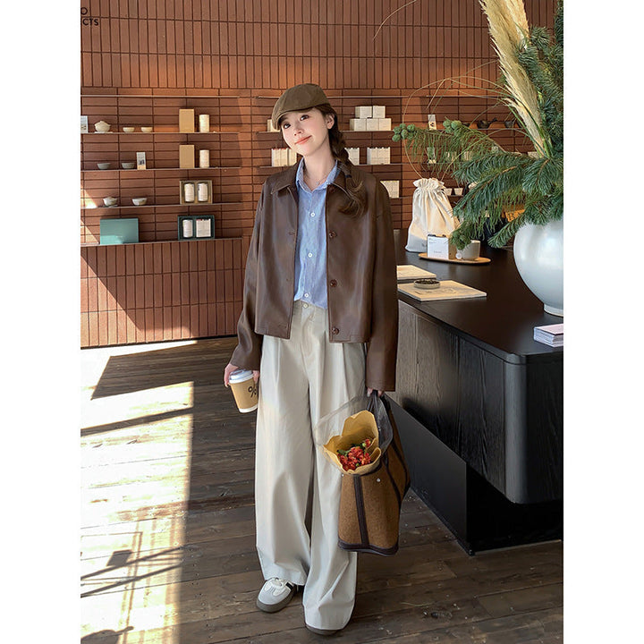 Women Short Boxy Leather Jacket with Shirt Collar