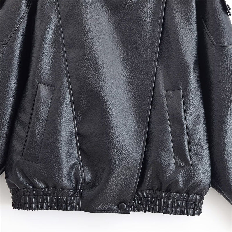 Ladies leather jacket with high stand-up collar and asymmetrical snap button placket