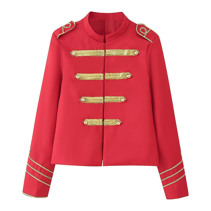 Ladies Cropped Military Jacket with Gold Embroidered Galloons and Stand-up Collar