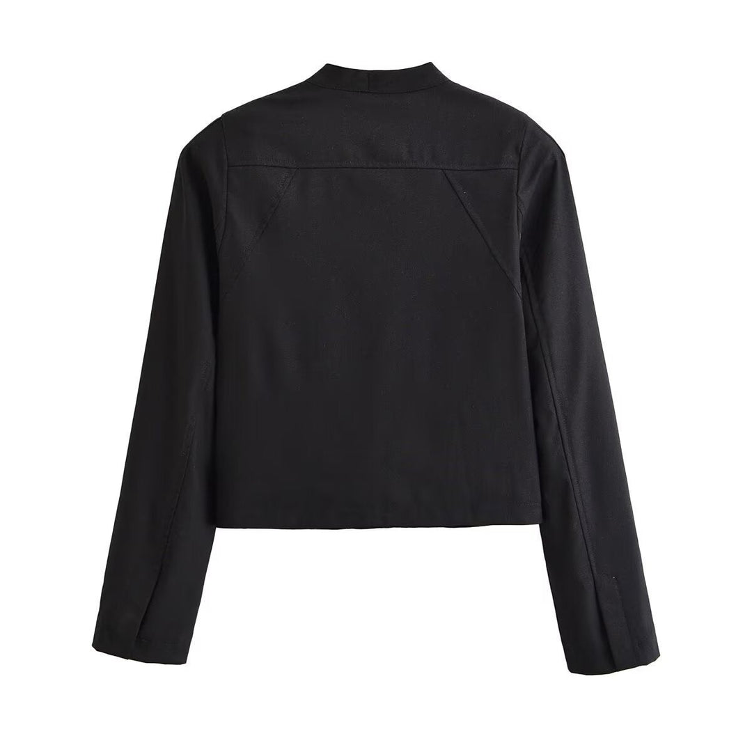 Women short fitted jacket with stand-up collar and decorative loop tape