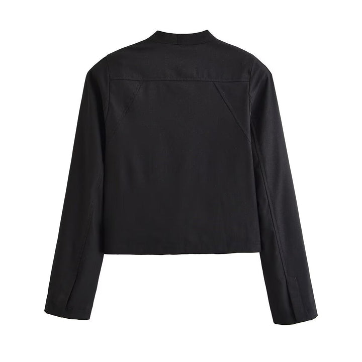Women short fitted jacket with stand-up collar and decorative loop tape
