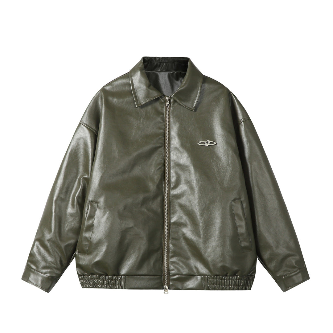 Ladies Oversize Smooth Leather Look Blouson Jacket with Elastic Hem and Metal Logo