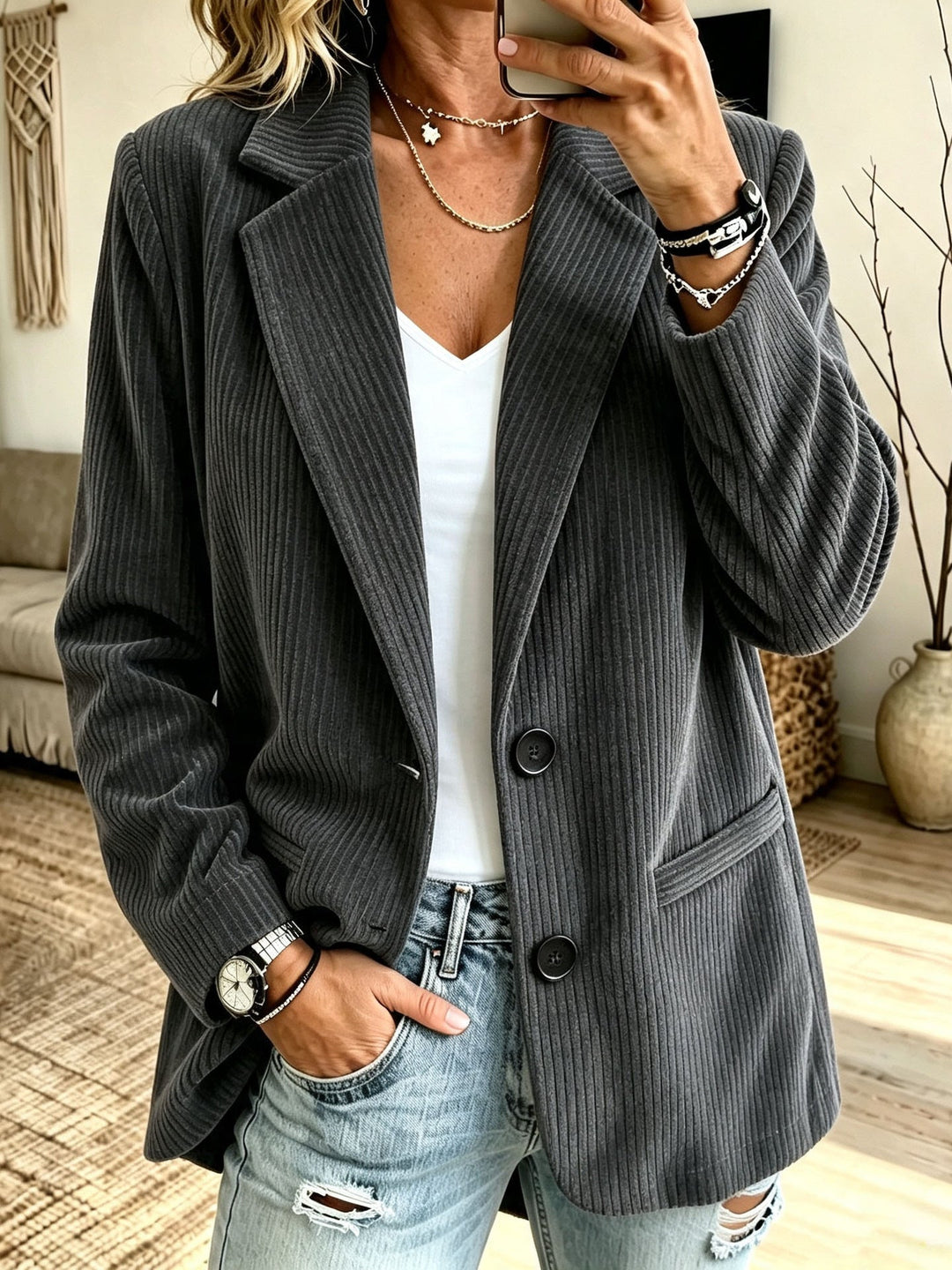 Women’s cord blazer with pinstripe look and oversized cut