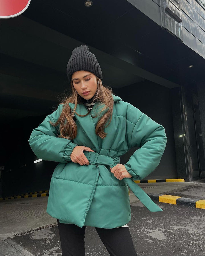 Women Padded Tailored Quilted Jacket with Belt and Hood