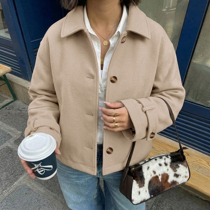 Women Short Cut Wool Blend Boxy Coat with Shirt Collar and Adjustable Cuffs