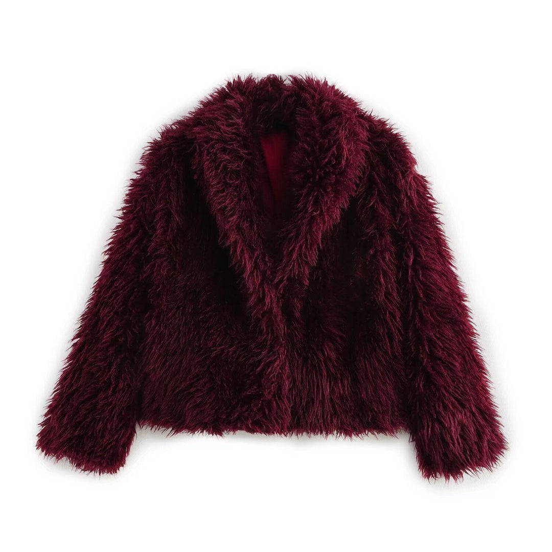 Women short cut boxy faux fur coat with shawl collar