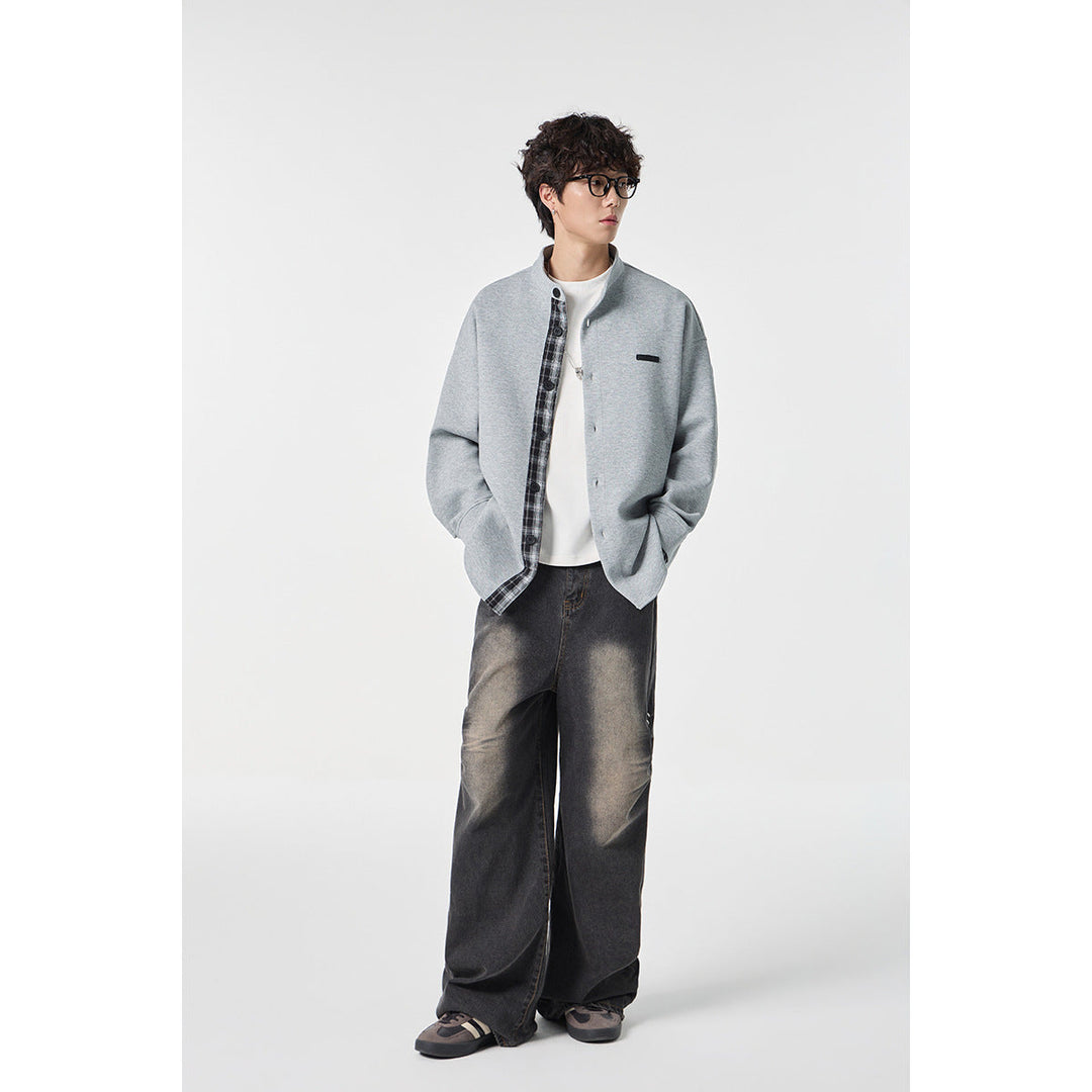 Unisex Oversized Shirt Jacket in Sweat Overlay with Stand-Up Collar and Checkered Inner Cuff