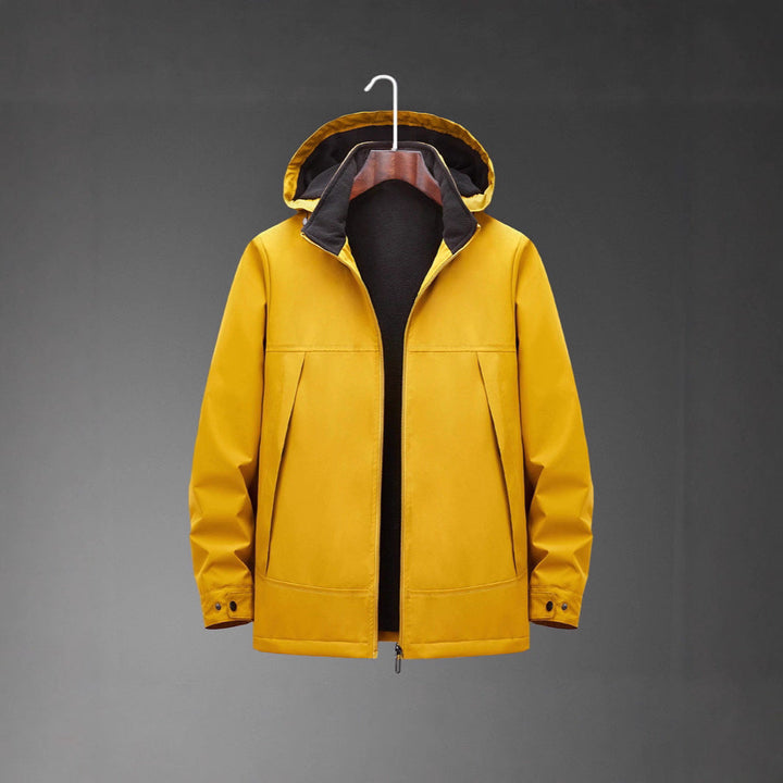 Men Water-resistant Multi-pocket Jacket with Hood and Fleece Lining