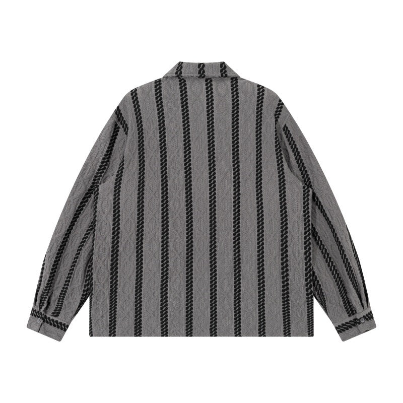 Unisex Lightweight Shirt Jacket with Camp Collar, Relaxed Fit and Vertical Braid Stripe Pattern