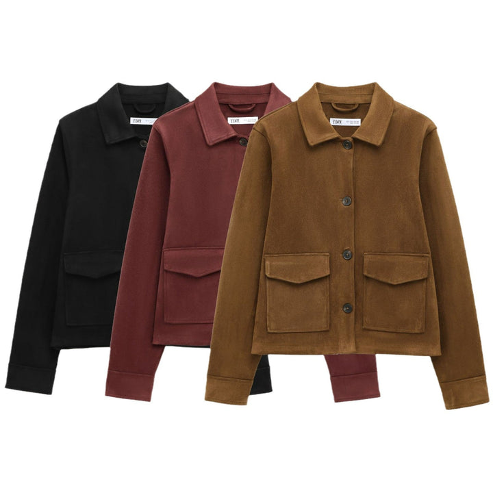 Ladies Short Suede Look Jacket with Flap Pockets