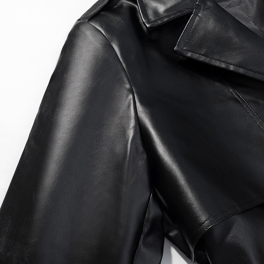 Women Longer Trench Coat in Leather Look with Tie Belt and Epaulettes