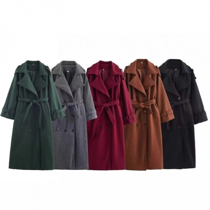 Women’s long double-breasted wool blend trench coat with belt and wide lapels