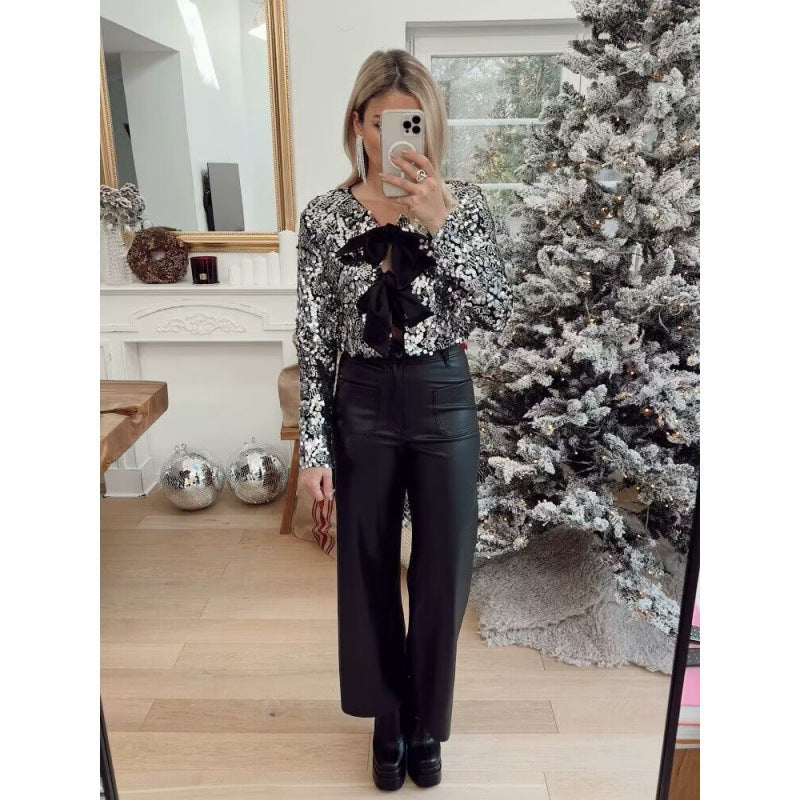 Women’s Short Cut Sequin Bolero Jacket with Triple Satin Bows and Lined Interior