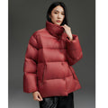Women's short quilted down jacket with high stand-up collar, boxy silhouette and snap buttons