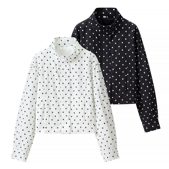 Women Polka Dot Short Jacket with Stand Collar and Concealed Snap Button Placket