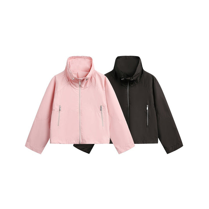 Women Lightweight Cropped Transition Jacket with High Stand Collar and Zip Pockets