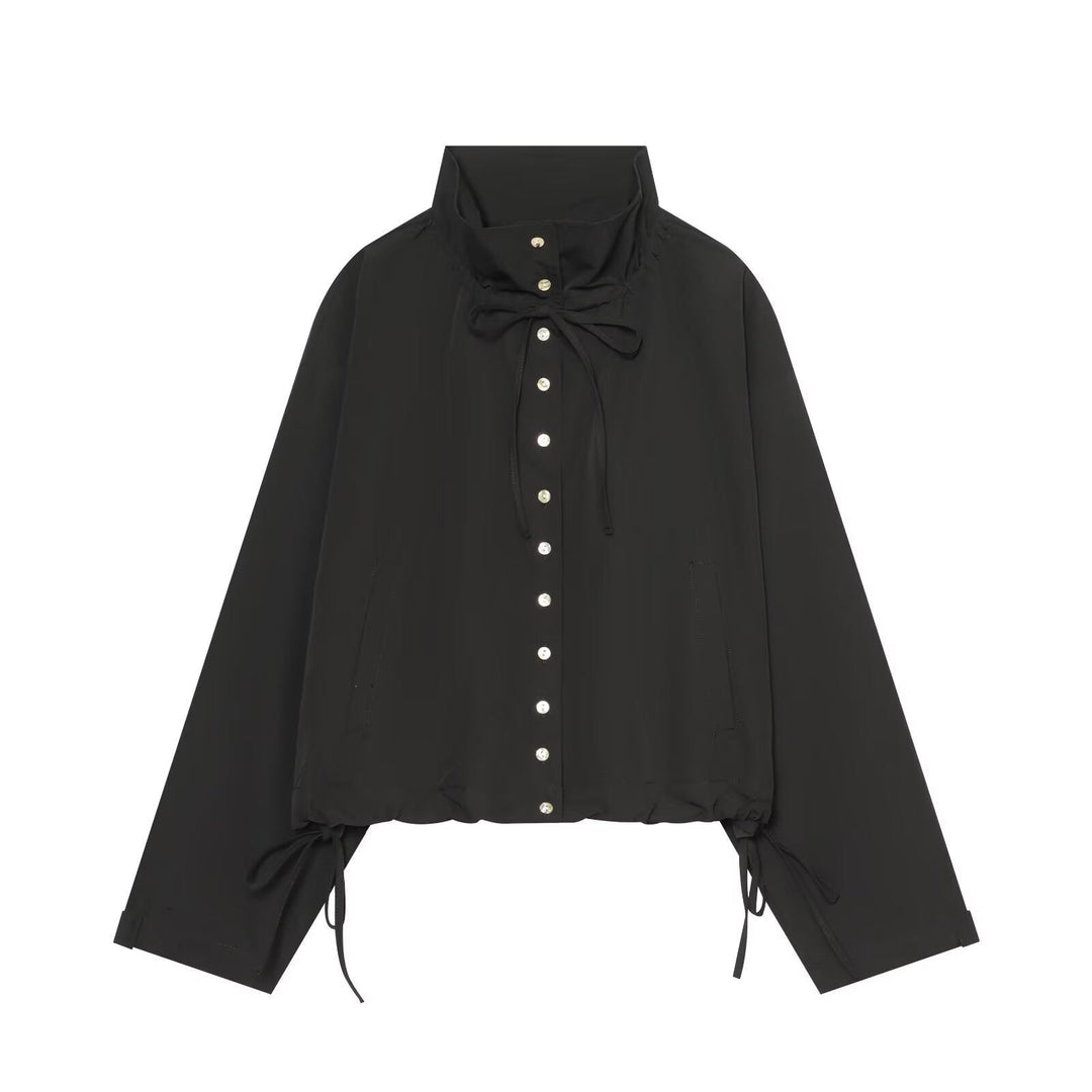 Women Cropped Oversized Utility Jacket with Stand Collar and Drawstring