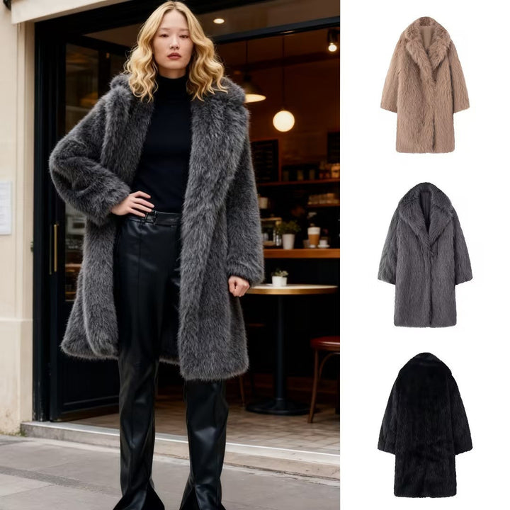 Women Long Oversize Faux Fur Coat with Voluminous Shawl Collar