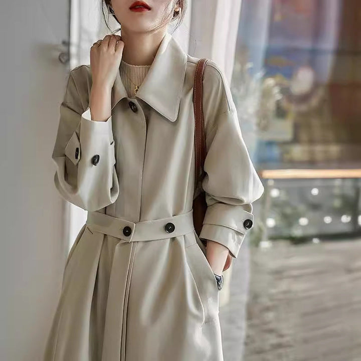 Ladies Water-repellent A-line trench coat with tie belt and concealed button placket