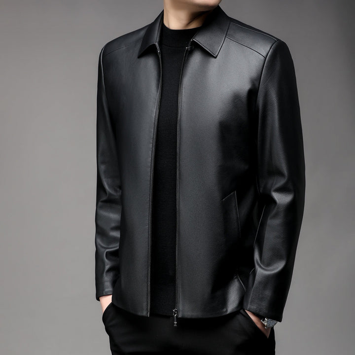 Men Smooth Faux leather Zip Jacket with Shirt Collar and Slim Silhouette