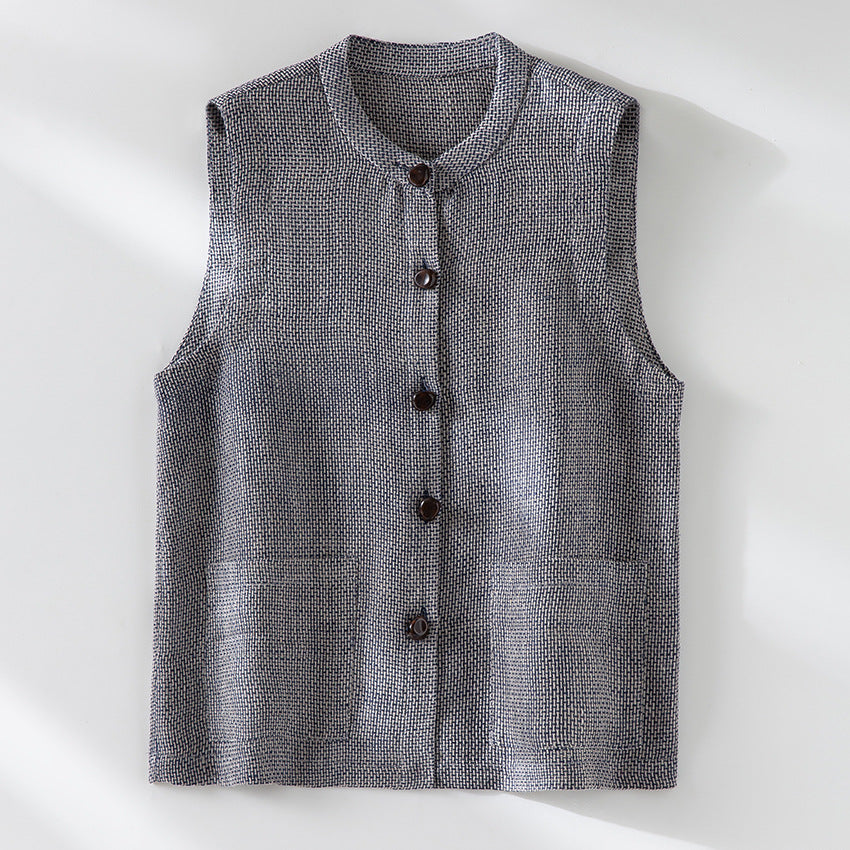 Women Sleeveless Textured Knit Vest with Round Neckline, Button Placket and Patch Pockets