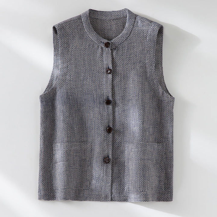 Women Sleeveless Textured Knit Vest with Round Neckline, Button Placket and Patch Pockets