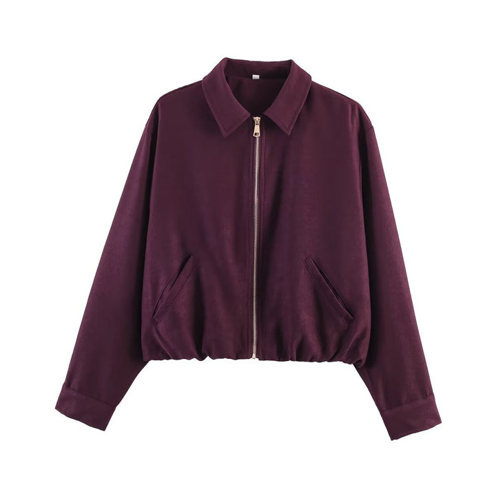 Ladies cropped blouson jacket in velour look with shirt collar, elastic hem and side pockets