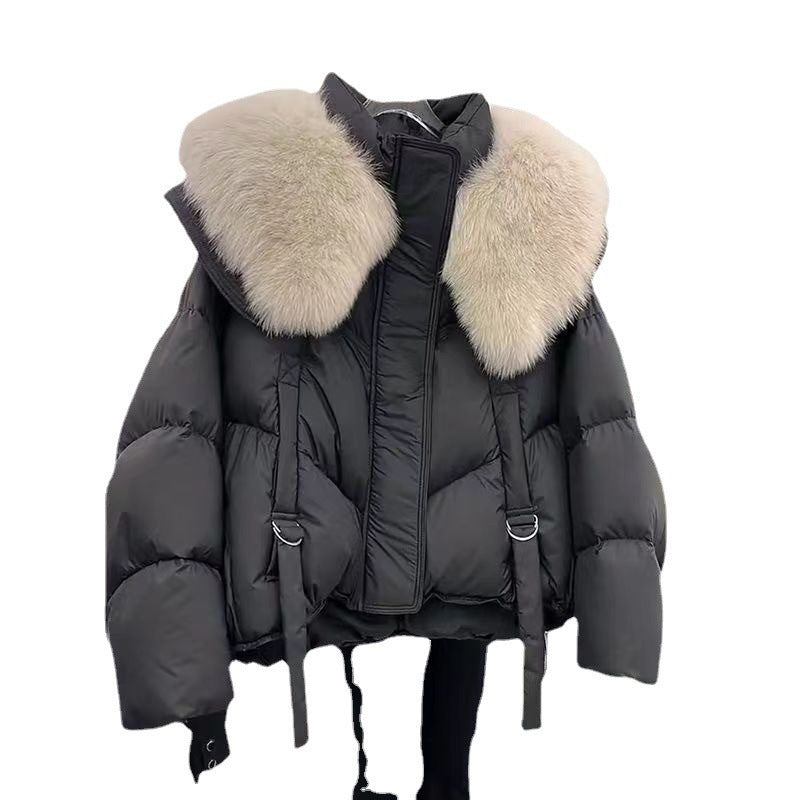 Ladies nano short thermo puffer jacket with detachable faux fur collar, high closing stand-up collar, and drawstring hem