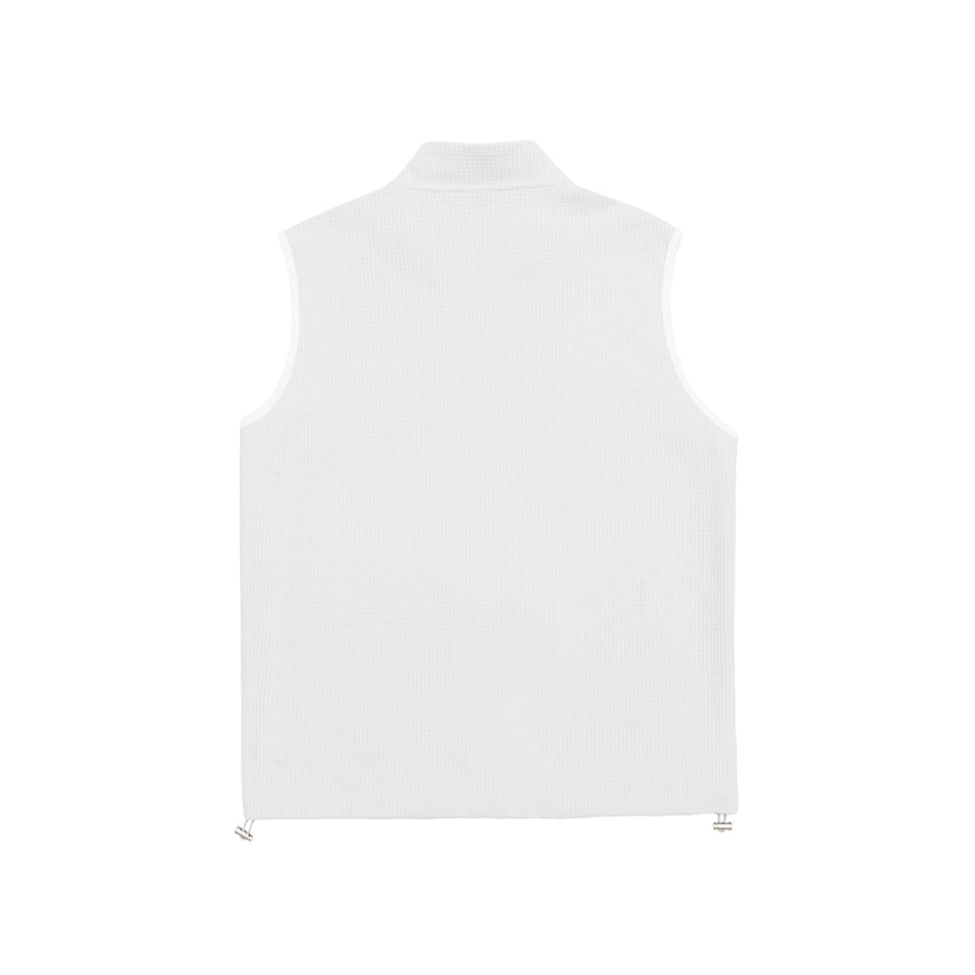 Unisex waffle-structured outdoor vest with stand-up collar, full-length zip, and drawstring hem