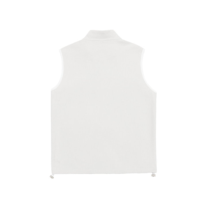Unisex waffle-structured outdoor vest with stand-up collar, full-length zip, and drawstring hem