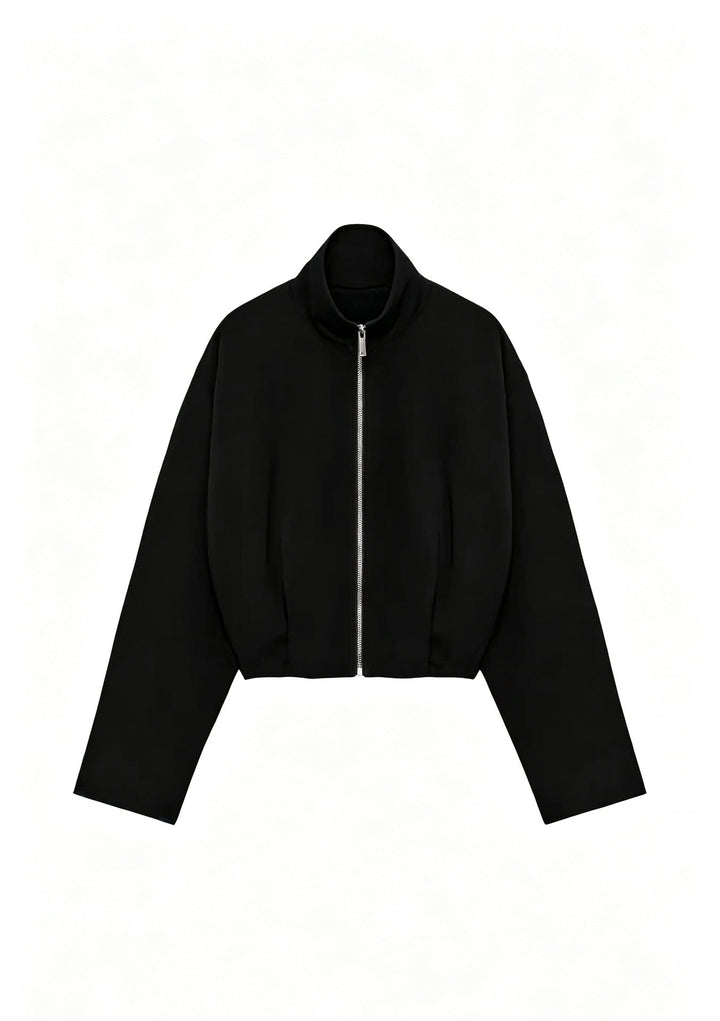 Women Short Boxy Jacket with Stand-up Collar and Visible Metal Zip