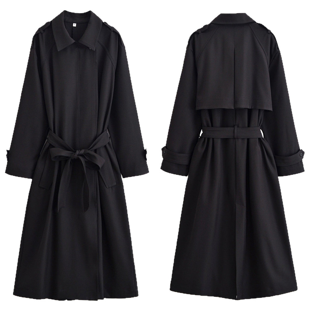 Ladies longer waist-adjustable trench coat with tie belt and epaulettes