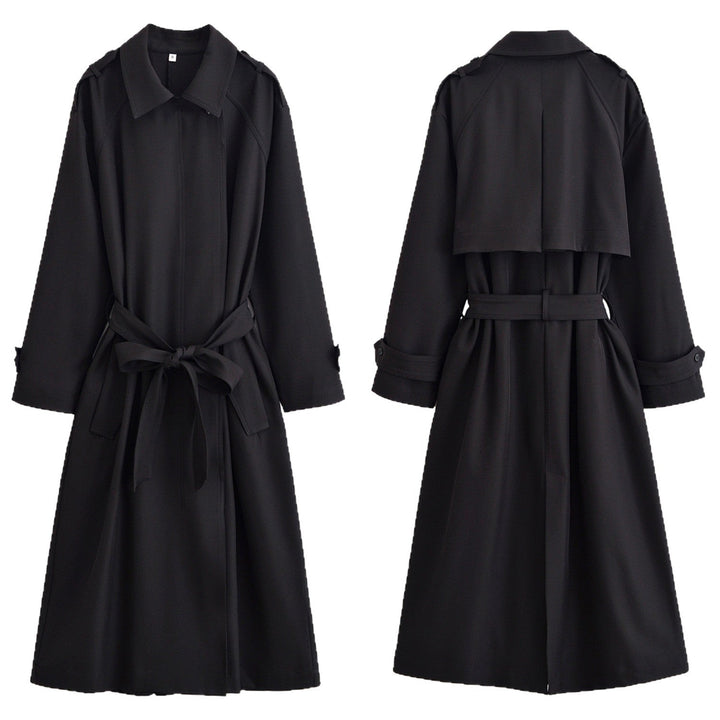Ladies longer waist-adjustable trench coat with tie belt and epaulettes